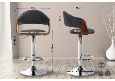 Tabouret de bar Nilse, similicuir, chrome, noyer/noir