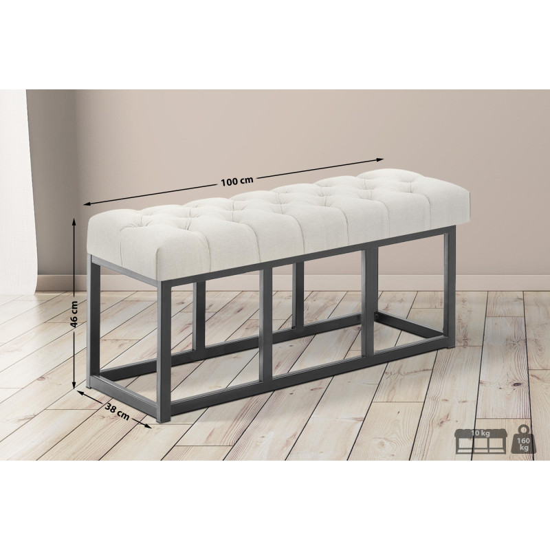 Panca design AMUN in metallo nero opaco e tessuto crema,100 cm