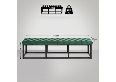 Banc en velours Polson, noir, 150 cm, vert