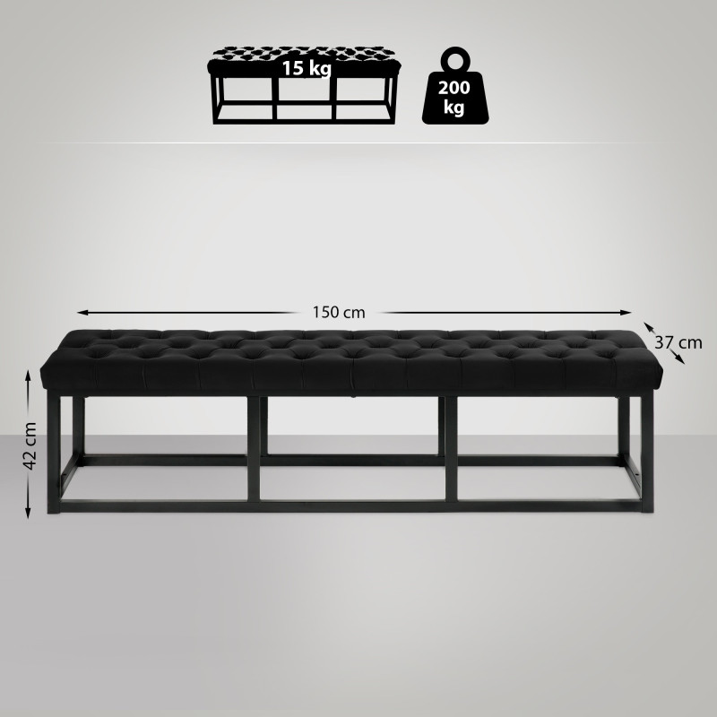 Banc en velours Polson, noir, 150 cm