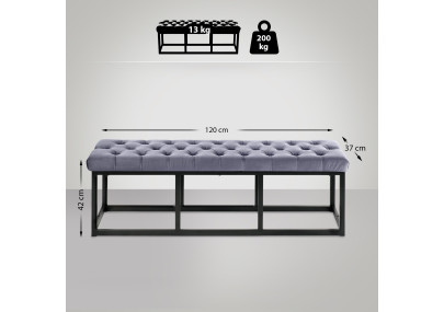 Banc en velours Polson, noir, 120 cm, gris