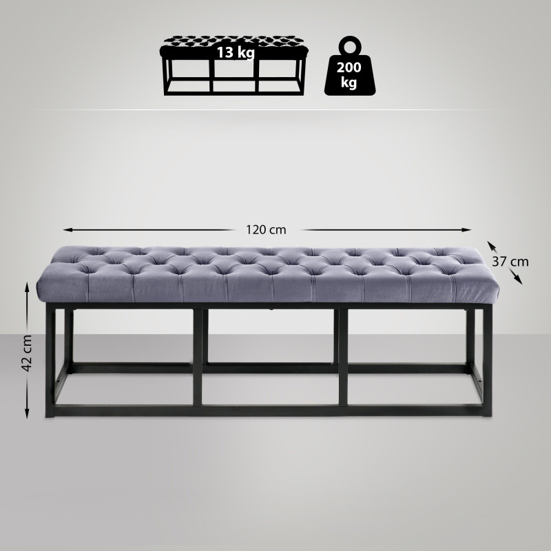 Banc en velours Polson, noir, 120 cm, gris