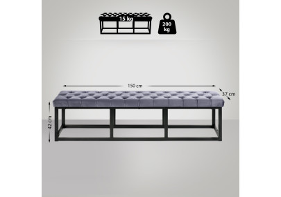Banc en velours Polson, noir, 150 cm, gris