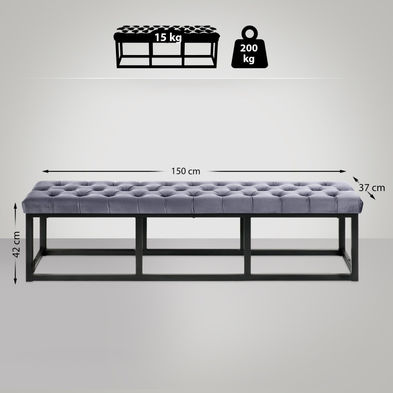 Banc en velours Polson, noir, 150 cm, gris