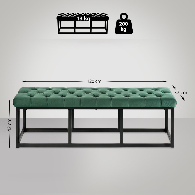 Banc en velours Polson, noir, 120 cm, vert