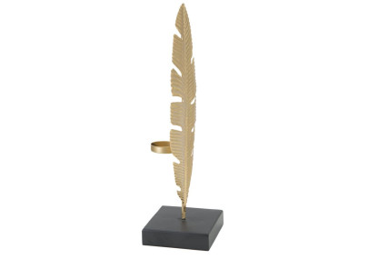 Feuille Glam Sculptée en Flamme Dorée avec Bougeoir – CM 10X10X34