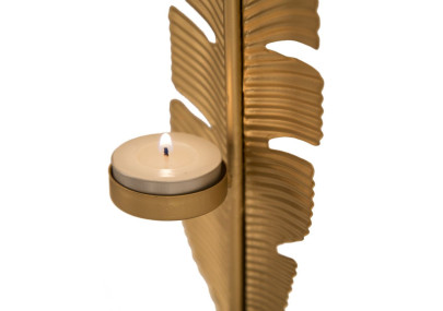 Feuille Glam Sculptée en Flamme Dorée avec Bougeoir – CM 10X10X34