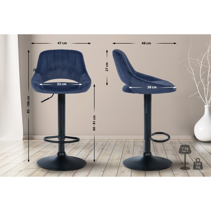 Tabouret de bar Milet en velours noir bleu