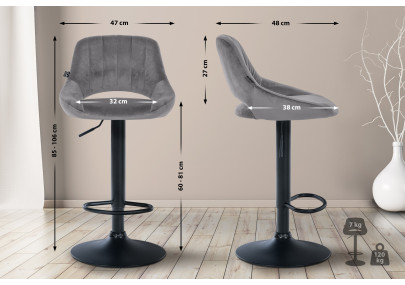 Tabouret de bar Milet, velours, noir/gris foncé