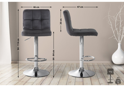 Tabouret de bar Peru, velours, chrome, noir