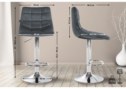 Tabouret de bar Jerry, velours, chrome, gris foncé