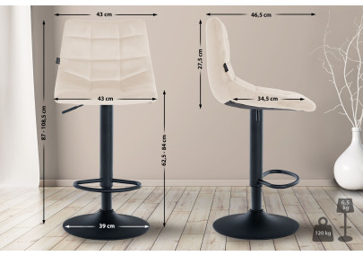 Tabouret de bar Jerry en velours, noir et crème