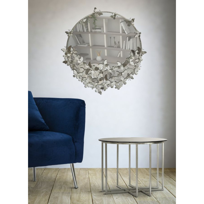 Miroir mural rond Papillon argenté Ø91x3x94 cm – Un éclat glamour et aérien pour sublimer vos murs