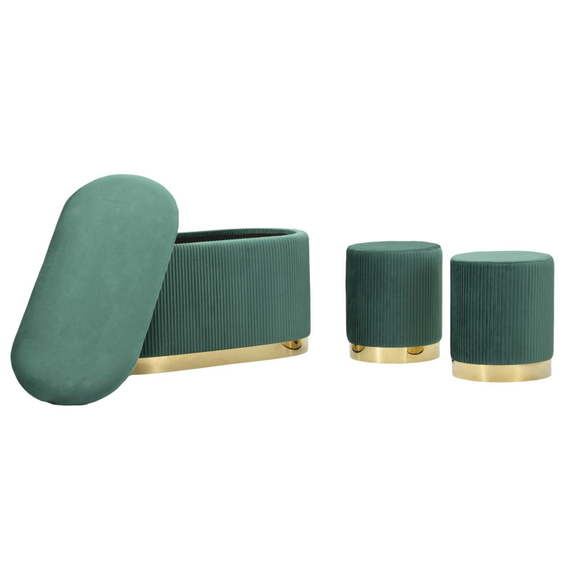 Banc Coffre Shopy Vert avec Tabourets – Harmonie Naturelle (3 Pièces) 80 x 37 x 42 - 29 x 35 cm