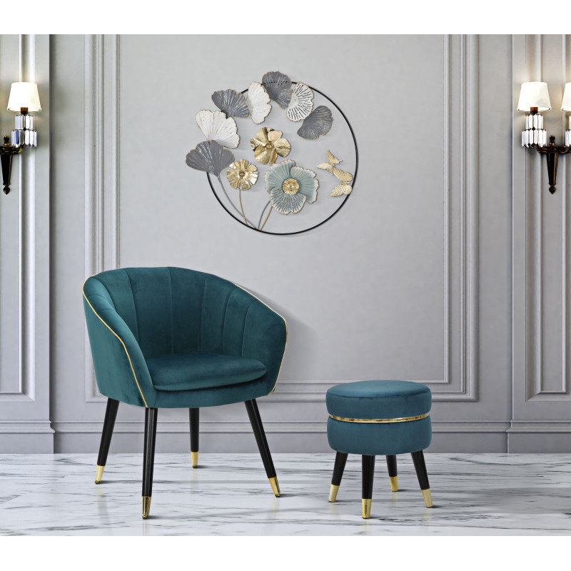 Pouf Paris Bleu Sarcelle & Or – Nuit Électrique sur la Seine Ø35 x 40,5 cm