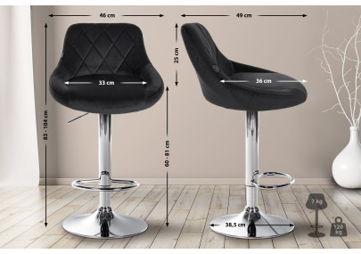 Tabouret de bar Lazio, velours, chrome, noir