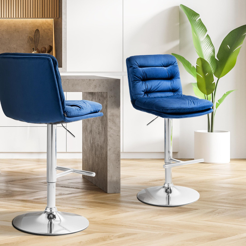 Tabouret de bar en velours Damar, chromé bleu