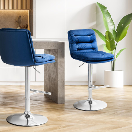 Tabouret de bar en velours Damar, chromé, bleu