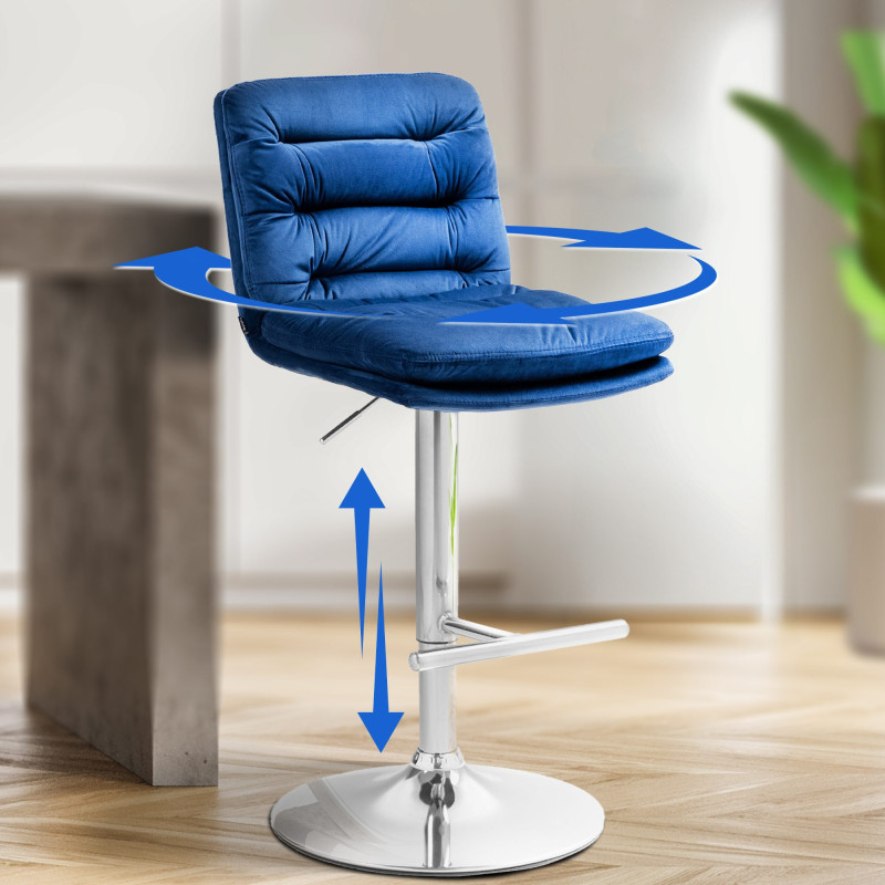 Tabouret de bar en velours Damar, chromé, bleu