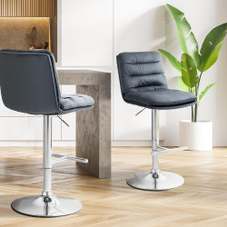 Tabouret de bar Damar, velours, chrome, gris foncé