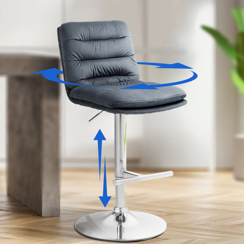 Tabouret de bar Damar, velours, chrome, gris foncé