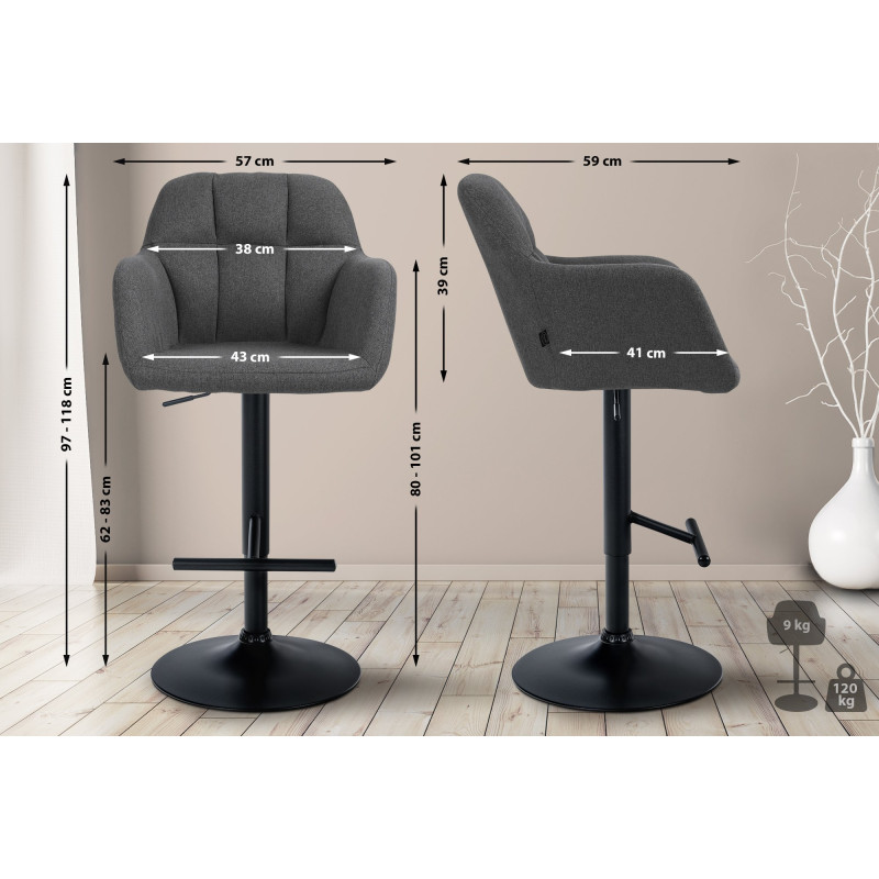 Tabouret de bar Natoma, tissu noir gris foncé